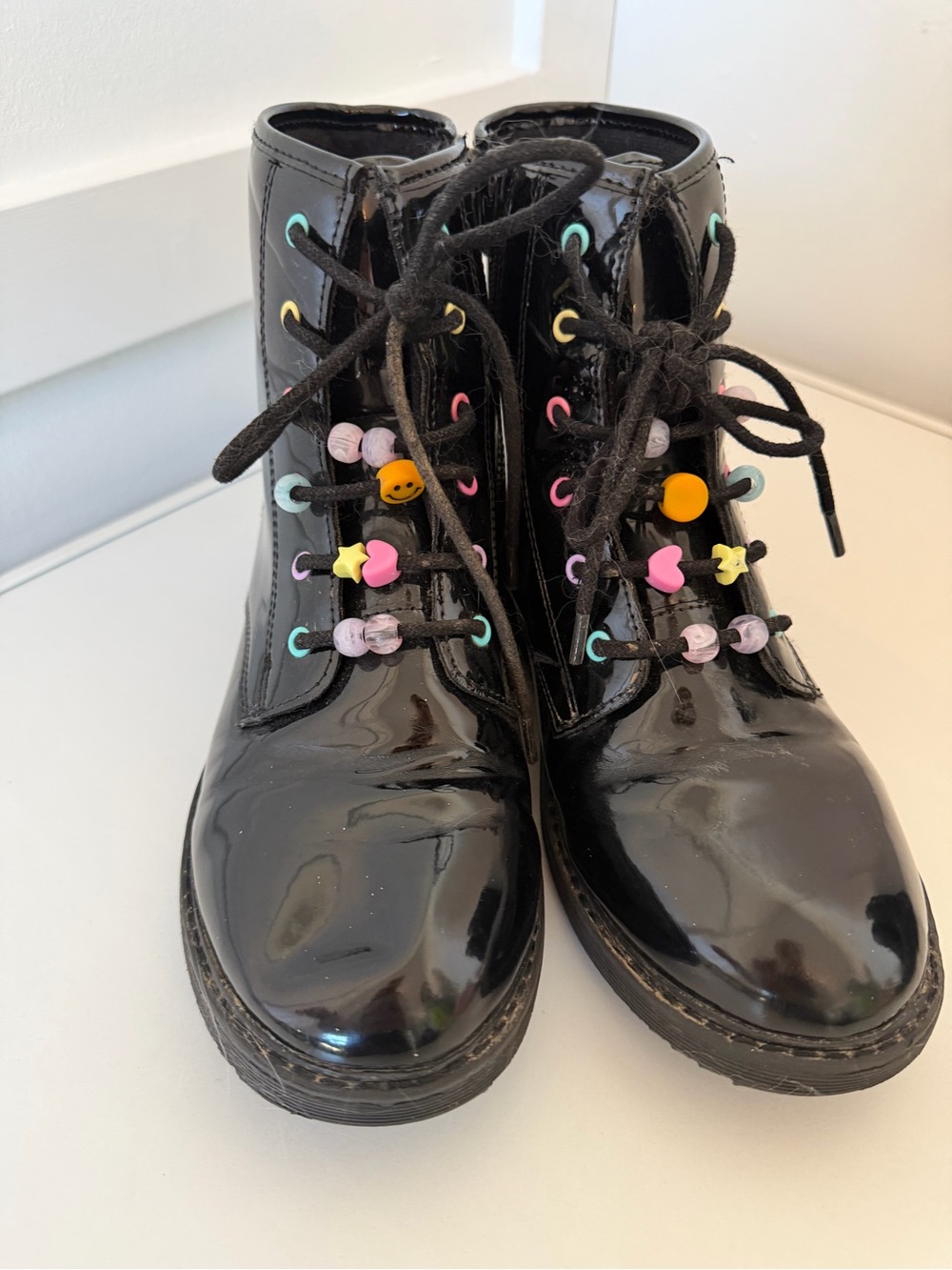 The Children's Place Black Patent Lace-Up Boots with Colorful Bead Accents